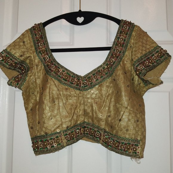 Gold saree/lehenga blouse crop top with hand embroidery and sequins - Picture 6 of 8
